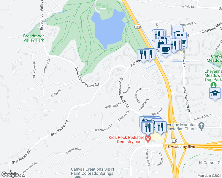 map of restaurants, bars, coffee shops, grocery stores, and more near 4145 Autumn Heights Drive in Colorado Springs