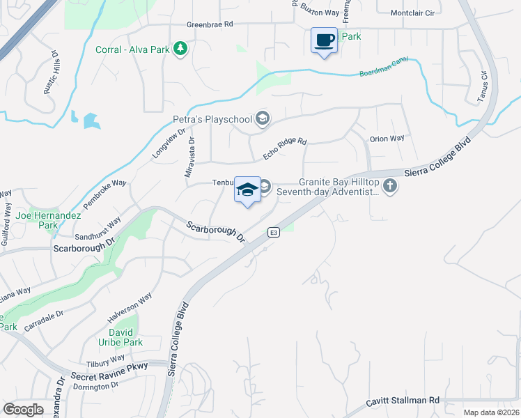 map of restaurants, bars, coffee shops, grocery stores, and more near 6812 Camborne Way in Rocklin