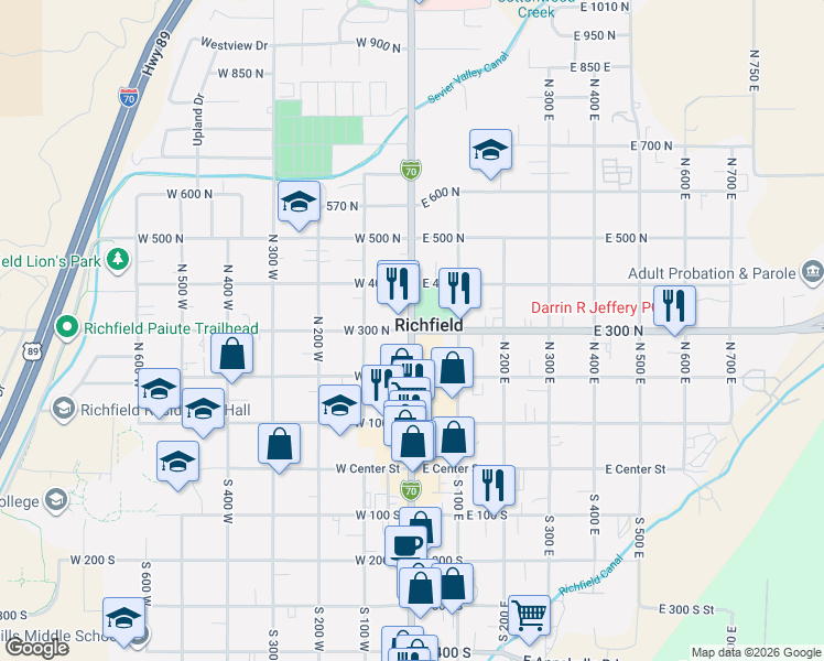 map of restaurants, bars, coffee shops, grocery stores, and more near 3150 South 1870 West in Richfield