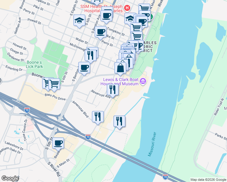 map of restaurants, bars, coffee shops, grocery stores, and more near 1190 South Main Street in Saint Charles