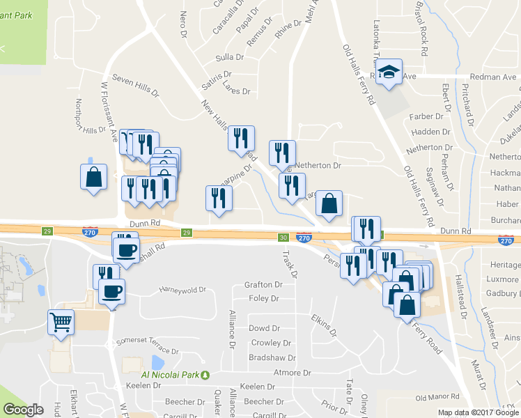 map of restaurants, bars, coffee shops, grocery stores, and more near 11018 Sugar Pines Court in Florissant