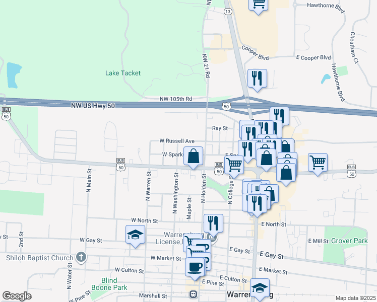 map of restaurants, bars, coffee shops, grocery stores, and more near 121 West Sparks Street in Warrensburg