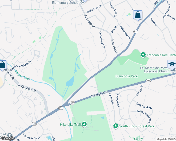 map of restaurants, bars, coffee shops, grocery stores, and more near 6522 Haystack Road in Alexandria