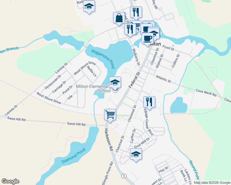 map of restaurants, bars, coffee shops, grocery stores, and more near 512 Federal Street in Milton