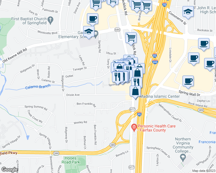 map of restaurants, bars, coffee shops, grocery stores, and more near 7094 Spring Garden Drive in Springfield