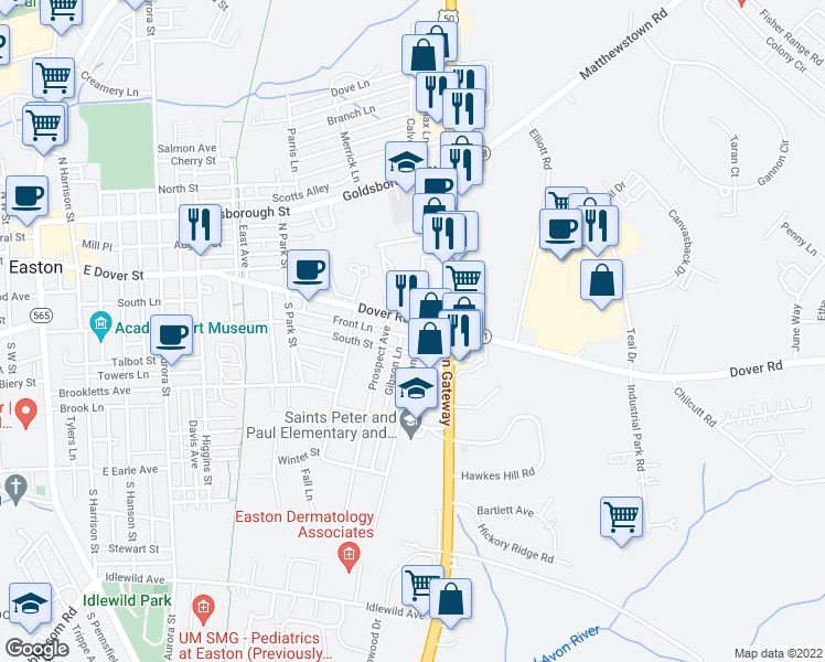map of restaurants, bars, coffee shops, grocery stores, and more near 810 Dover Rd in Easton
