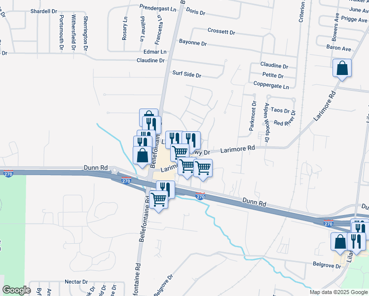 map of restaurants, bars, coffee shops, grocery stores, and more near 11185 Sierra Vista Parkway in St. Louis