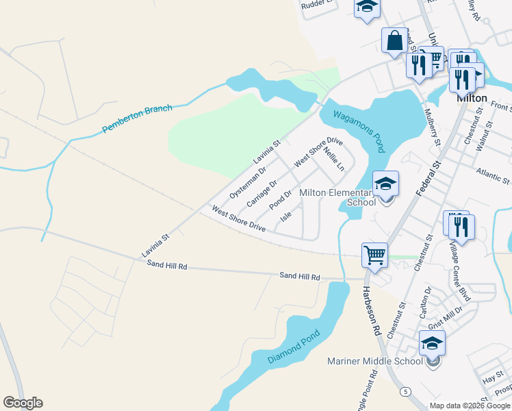 map of restaurants, bars, coffee shops, grocery stores, and more near 118 Carriage Drive in Milton