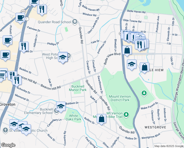 map of restaurants, bars, coffee shops, grocery stores, and more near 2112 Belle View Boulevard in Alexandria