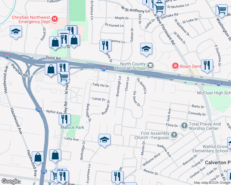 map of restaurants, bars, coffee shops, grocery stores, and more near 205 Brackleigh Lane in Florissant