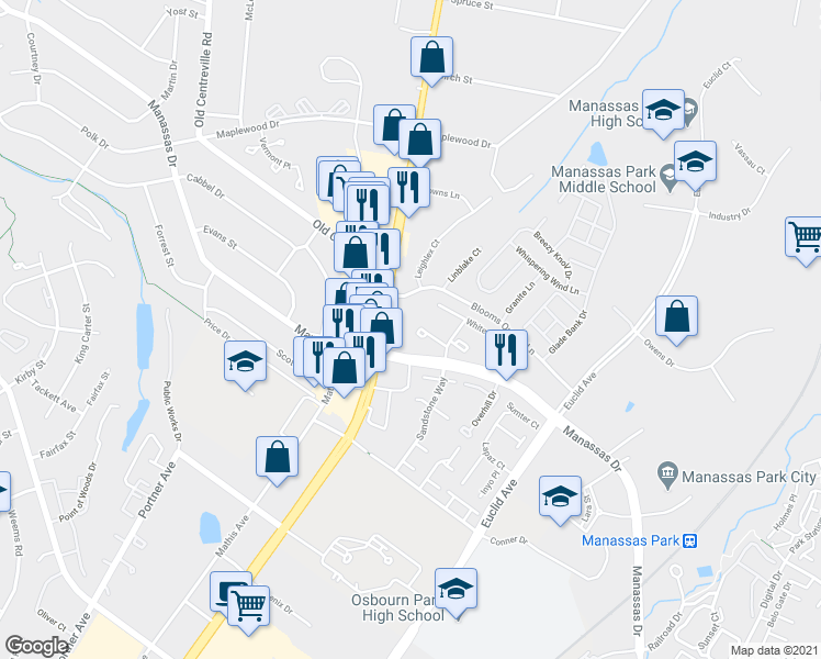 map of restaurants, bars, coffee shops, grocery stores, and more near 8505 Englewood Court in Manassas