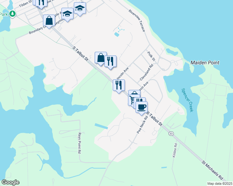map of restaurants, bars, coffee shops, grocery stores, and more near 1110 South Talbot Street in St. Michaels