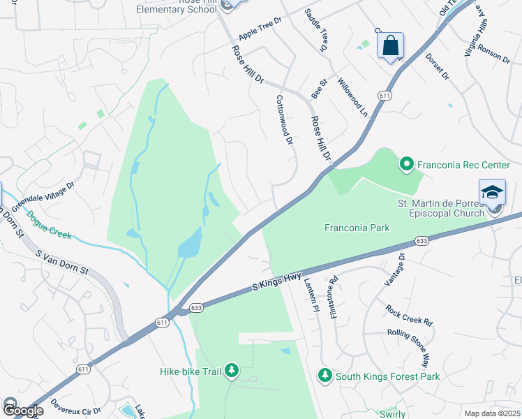 map of restaurants, bars, coffee shops, grocery stores, and more near 6705 Greendale Road in Alexandria