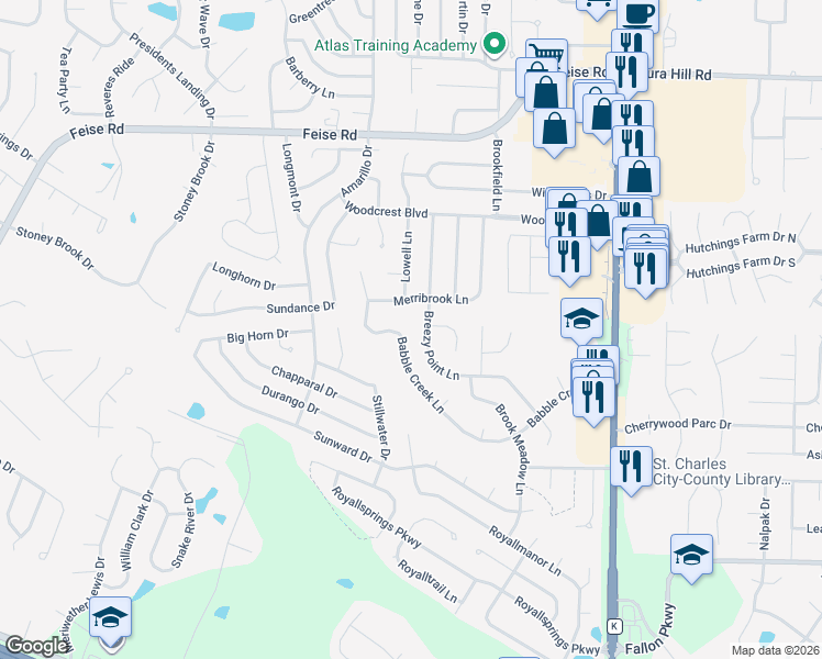 map of restaurants, bars, coffee shops, grocery stores, and more near 2614 Babble Creek Lane in O'Fallon