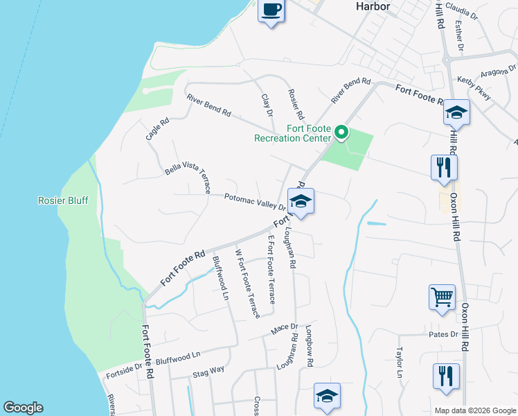 map of restaurants, bars, coffee shops, grocery stores, and more near 432 Potomac Valley Drive in Fort Washington
