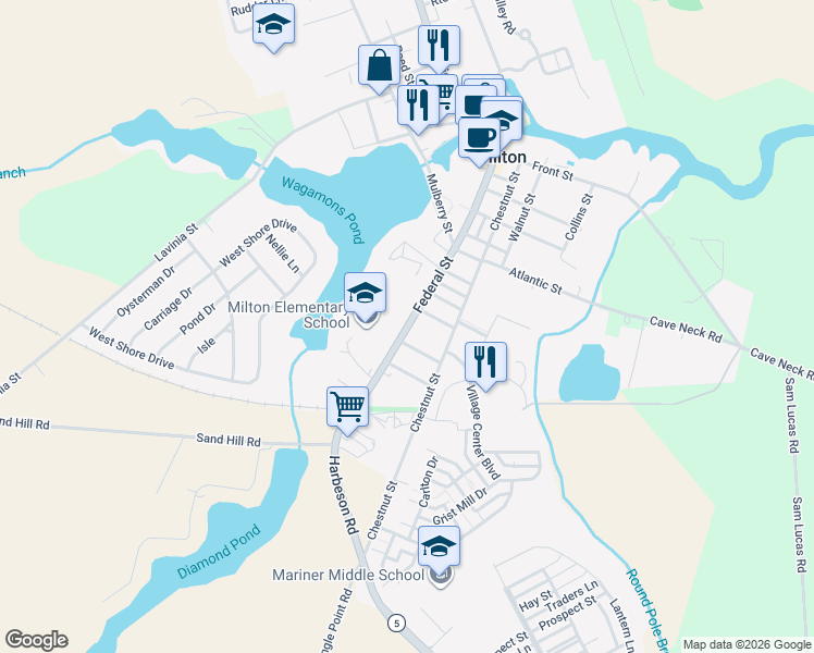 map of restaurants, bars, coffee shops, grocery stores, and more near 512 Federal Street in Milton