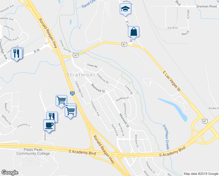 map of restaurants, bars, coffee shops, grocery stores, and more near 1202 Idylwood Drive in Colorado Springs