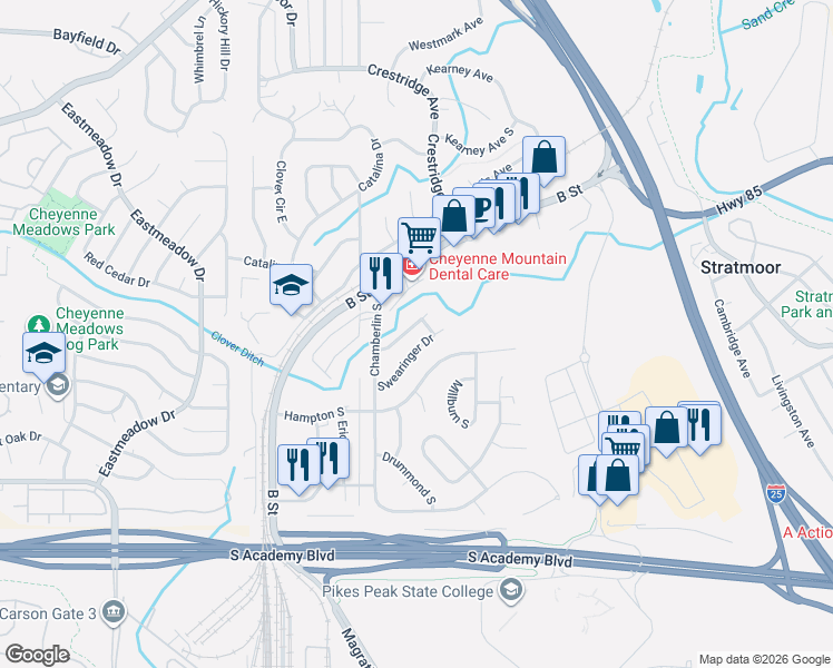 map of restaurants, bars, coffee shops, grocery stores, and more near 1965 Swearinger Drive in Colorado Springs