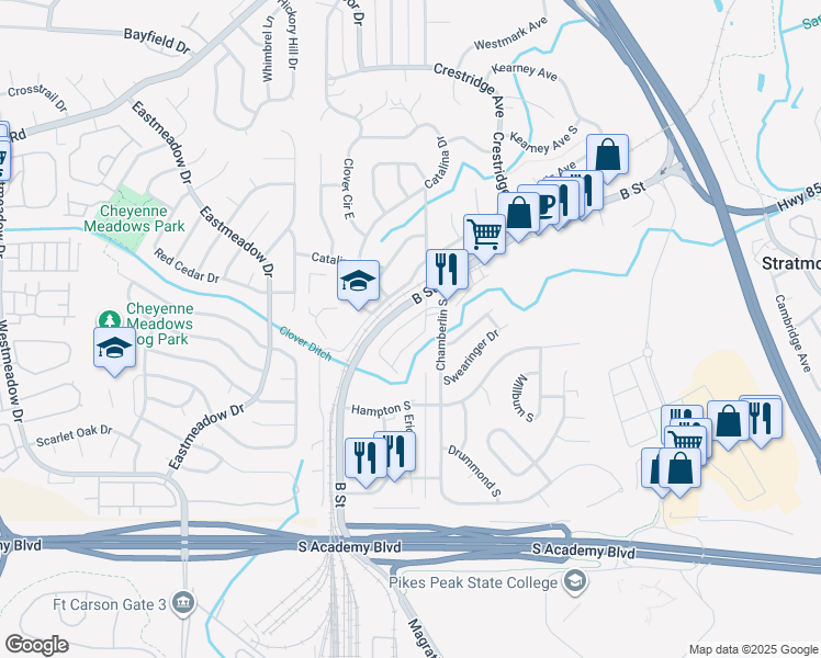 map of restaurants, bars, coffee shops, grocery stores, and more near 373 Greensboro South in Colorado Springs