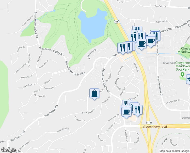 map of restaurants, bars, coffee shops, grocery stores, and more near 4145 Autumn Heights Drive in Colorado Springs