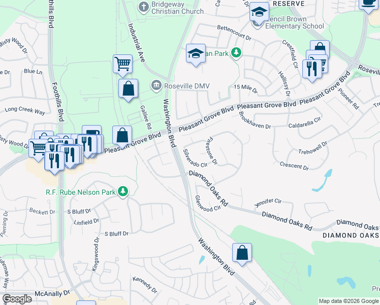 map of restaurants, bars, coffee shops, grocery stores, and more near 118 Silverado Circle in Roseville