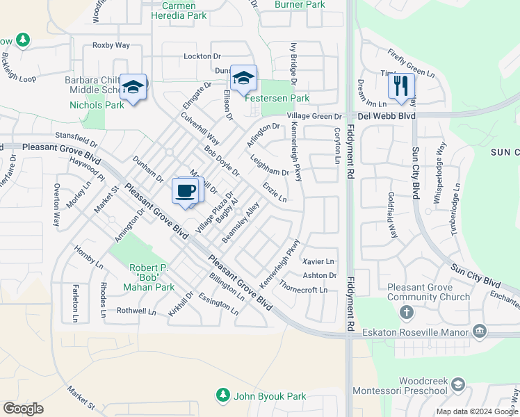 map of restaurants, bars, coffee shops, grocery stores, and more near 2224 Devonport Loop in Roseville