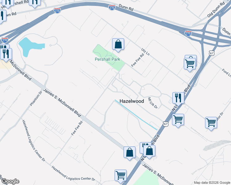 map of restaurants, bars, coffee shops, grocery stores, and more near 452 Chapel Ridge Drive in Hazelwood
