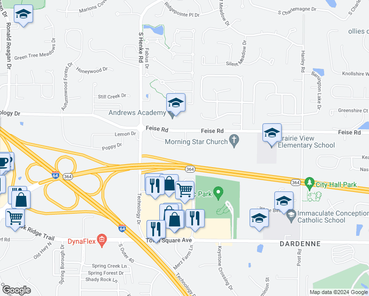 map of restaurants, bars, coffee shops, grocery stores, and more near 202 Stonewall Creek Drive in Dardenne Prairie