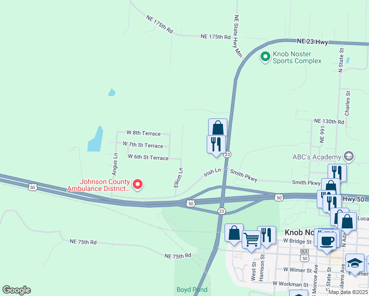 map of restaurants, bars, coffee shops, grocery stores, and more near 604 Elliott Lane in Knob Noster