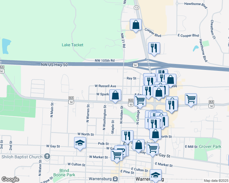 map of restaurants, bars, coffee shops, grocery stores, and more near 114 West Sparks Street in Warrensburg