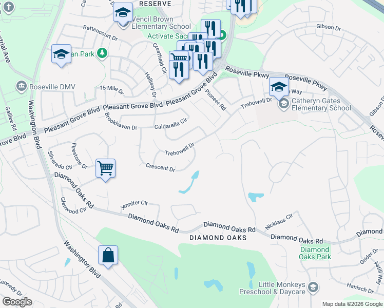 map of restaurants, bars, coffee shops, grocery stores, and more near 408 Crescent Drive in Roseville
