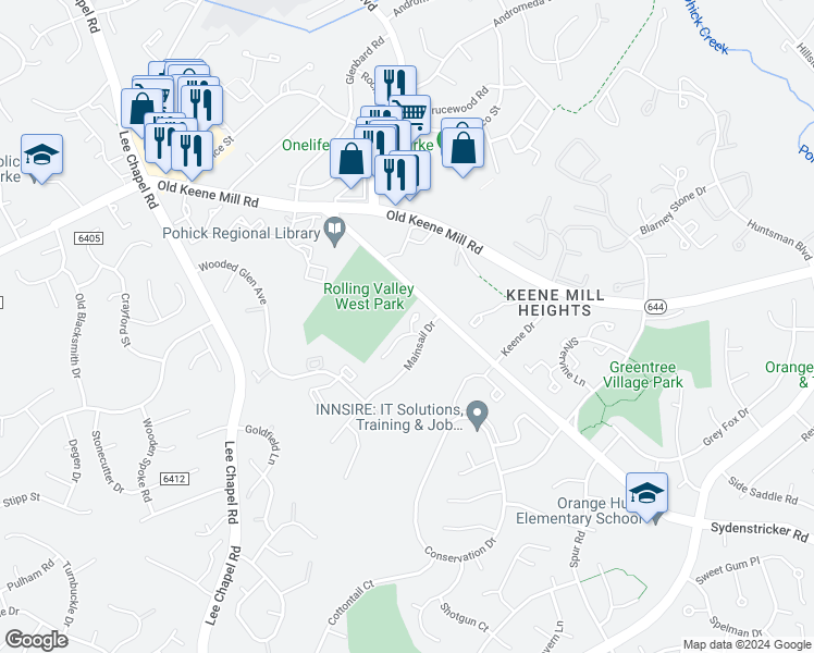 map of restaurants, bars, coffee shops, grocery stores, and more near 6613 Mainsail Court in Burke
