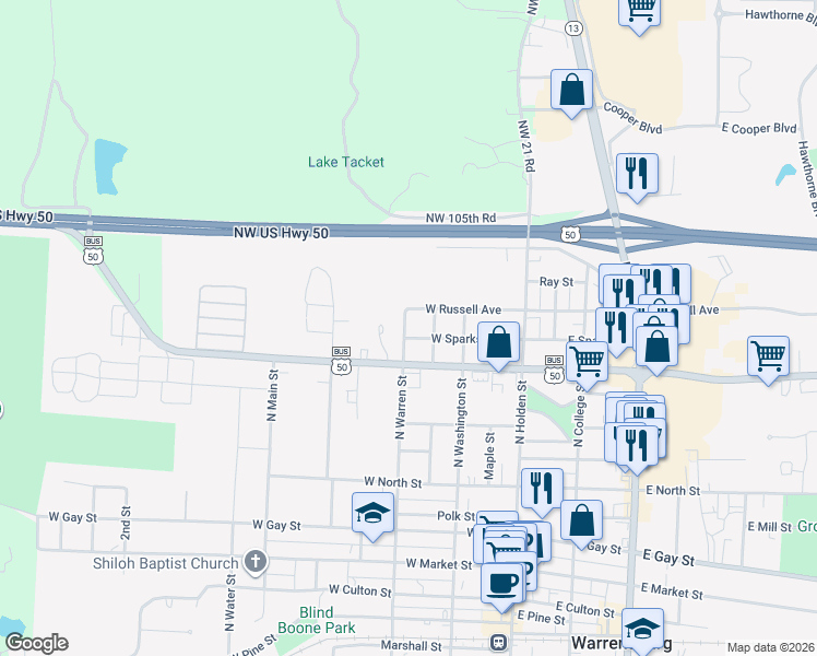 map of restaurants, bars, coffee shops, grocery stores, and more near 225 East Young Avenue in Warrensburg