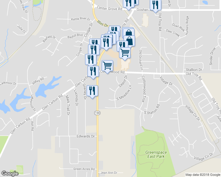 map of restaurants, bars, coffee shops, grocery stores, and more near 46 Red Bud Lane in Glen Carbon