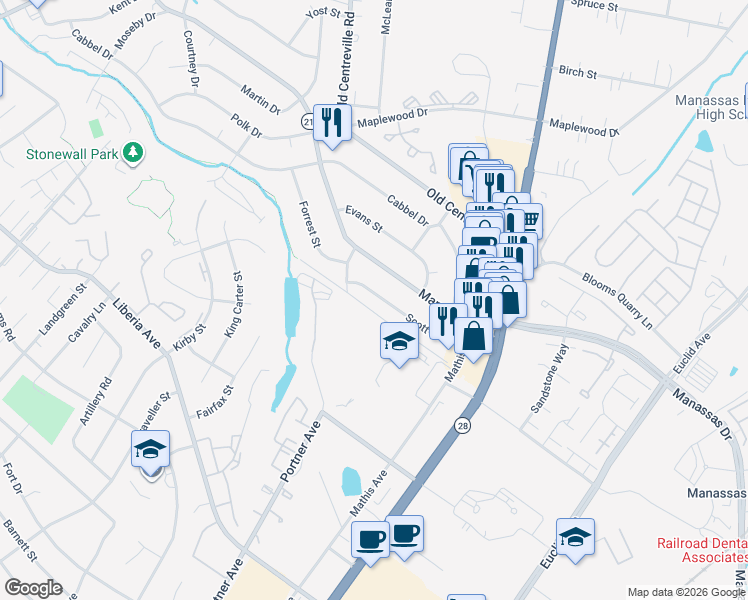 map of restaurants, bars, coffee shops, grocery stores, and more near 183 Scott Drive in Manassas Park