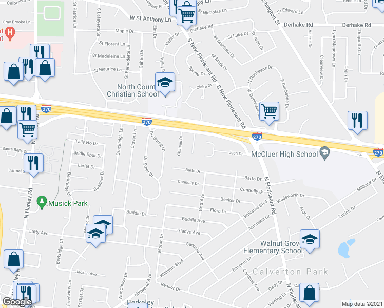 map of restaurants, bars, coffee shops, grocery stores, and more near La Havre Circle in Florissant