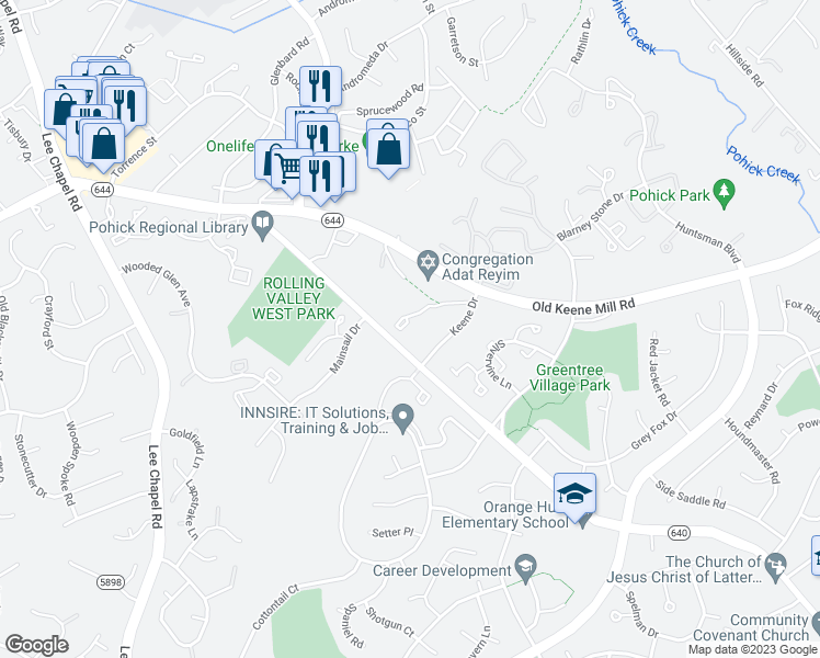 map of restaurants, bars, coffee shops, grocery stores, and more near 6625 Westbury Oaks Court in Springfield