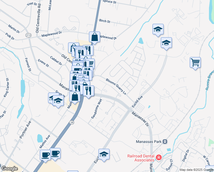 map of restaurants, bars, coffee shops, grocery stores, and more near 8385 White Pine Drive in Manassas Park
