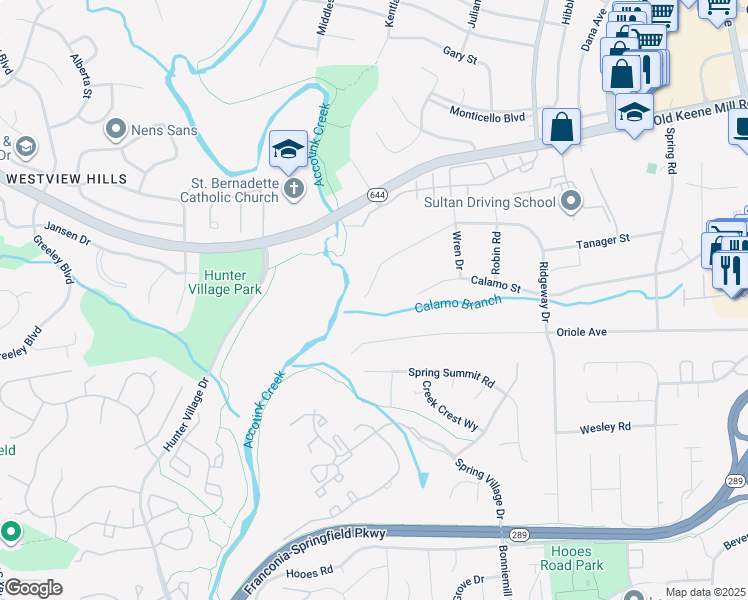 map of restaurants, bars, coffee shops, grocery stores, and more near 6504 Ridgeway Drive in Springfield
