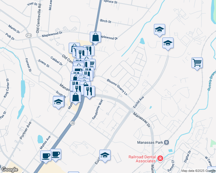 map of restaurants, bars, coffee shops, grocery stores, and more near 8385 White Pine Drive in Manassas Park
