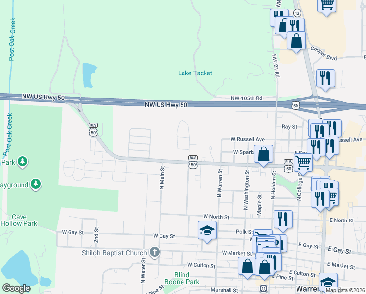 map of restaurants, bars, coffee shops, grocery stores, and more near 403 Benjamin Drive in Warrensburg