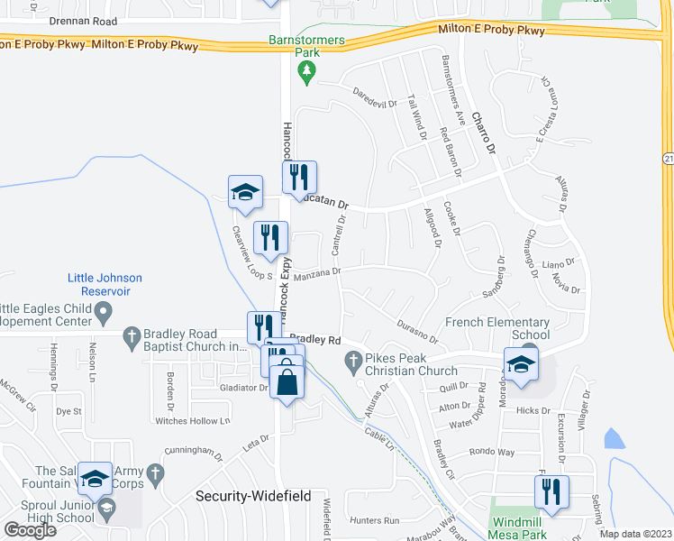 map of restaurants, bars, coffee shops, grocery stores, and more near 4860 Manzana Drive in Colorado Springs