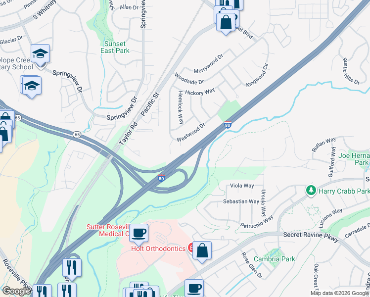 map of restaurants, bars, coffee shops, grocery stores, and more near 6525 Delwood Court in Rocklin