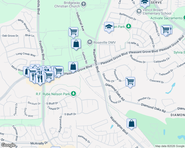 map of restaurants, bars, coffee shops, grocery stores, and more near 309 Aspen Court in Roseville