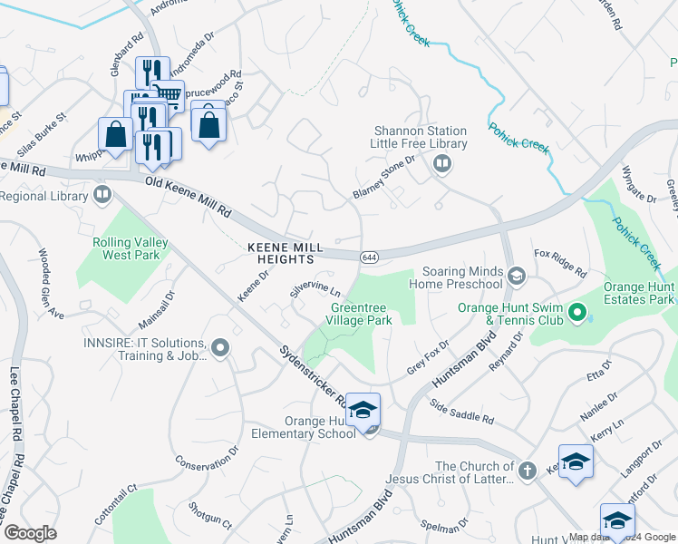 map of restaurants, bars, coffee shops, grocery stores, and more near 9002 Fox Grape Lane in Springfield