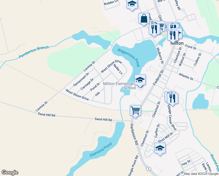 map of restaurants, bars, coffee shops, grocery stores, and more near 156 West Shore Drive in Milton