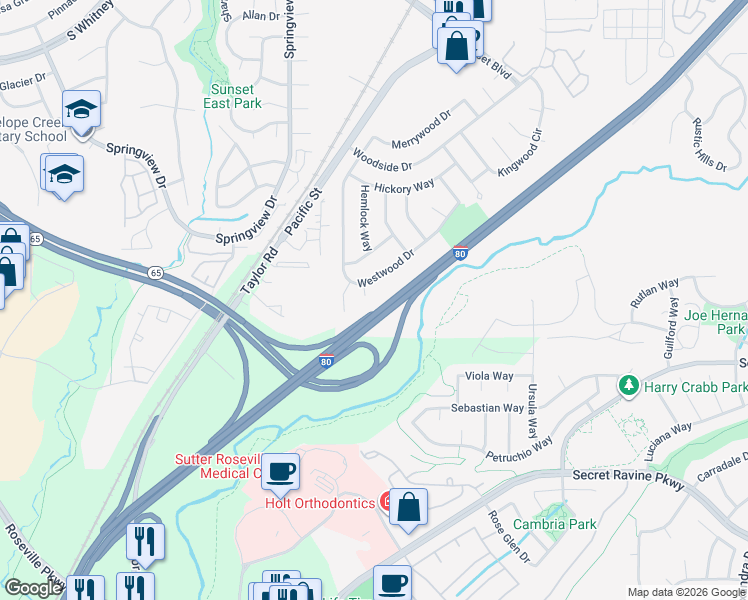 map of restaurants, bars, coffee shops, grocery stores, and more near 6525 Delwood Court in Rocklin