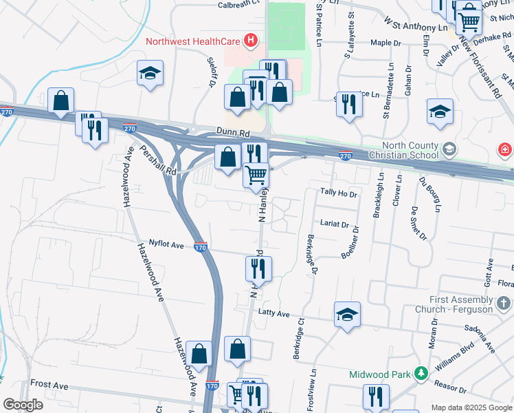 map of restaurants, bars, coffee shops, grocery stores, and more near 7251 North Hanley Road in Hazelwood