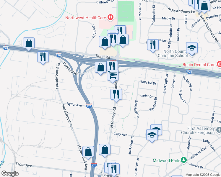 map of restaurants, bars, coffee shops, grocery stores, and more near 7251 North Hanley Road in Hazelwood