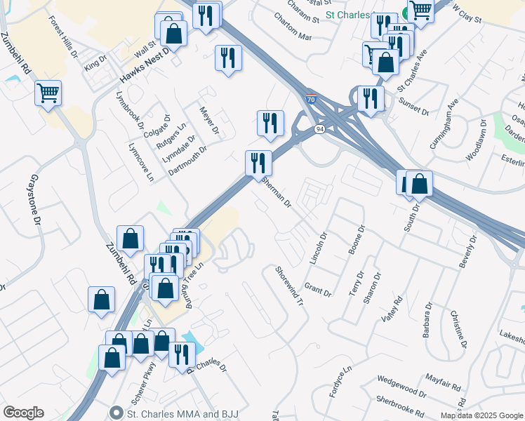map of restaurants, bars, coffee shops, grocery stores, and more near 2104 Sherman Square Drive in Saint Charles